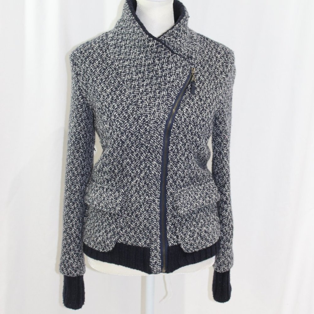 Splendid Blue White Wool Blend Asymmetrical Zip Jacket